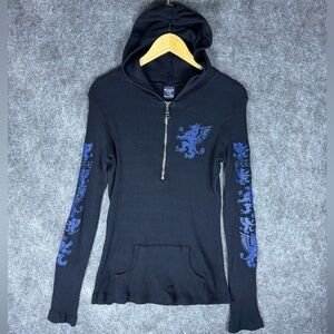 VINTAGE Y2K Sledge Women’s Half Zip Thermal Hoodie Glitter Dragon Black/Blue L
